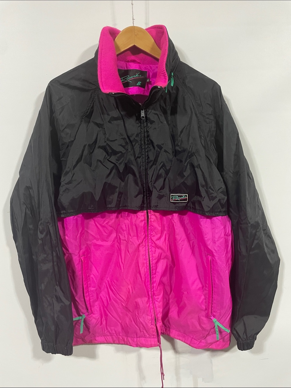 Vintage Raewrk's Men’s Windbreaker Jacket in Hot Pink with Teal Logo
